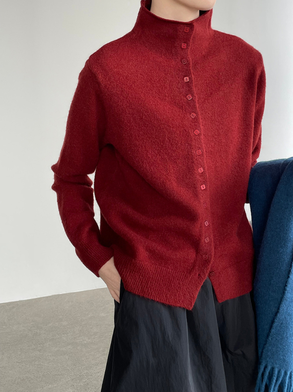 Zhiqingxi ženski cardigan od vunenog smjesu – polu-visoki ovratnik, kvadratni gumbi, srednja duljina, minimalistički japansko-korejski stil