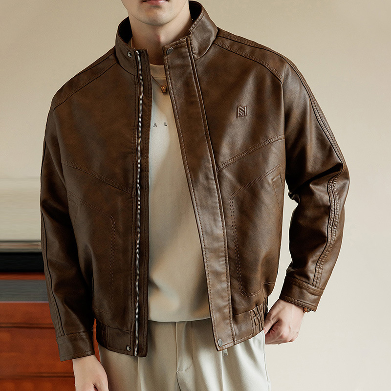 Muška PU kožna jakna u retro stilu, stojeći ovratnik, zip zatvarač sprijeda, labav kroj, plus veličine