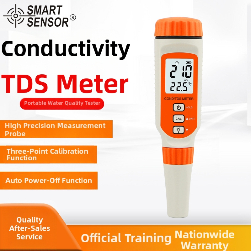 Pero typu tester kvality vody – vodivosť a TDS, prenosný AR8011 (0–19.99 mS / 0–199.99 ppm; presnosť ±3% F.S ±1 digit; rozlíšenie 1 μS / 1 ppm / 0.1 °C; napájanie: 4x LR44)