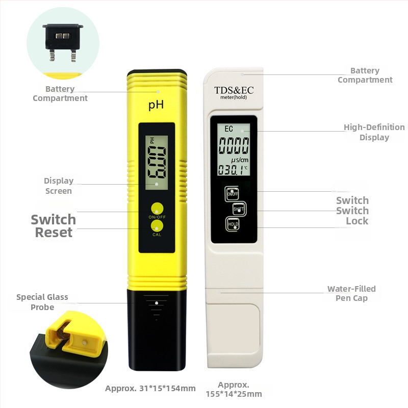 Kompletni tester tla EC/pH/TDS — pH 0-14, EC 0-9990 mS/cm, TDS 0-9990 ppm, točnost ±2-3%, napajanje 3V, razlučivost 0.01 pH / 1 ppm