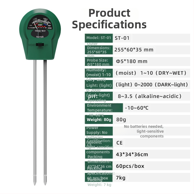 Kompletni tester tla EC/pH/TDS — pH 0-14, EC 0-9990 mS/cm, TDS 0-9990 ppm, točnost ±2-3%, napajanje 3V, razlučivost 0.01 pH / 1 ppm