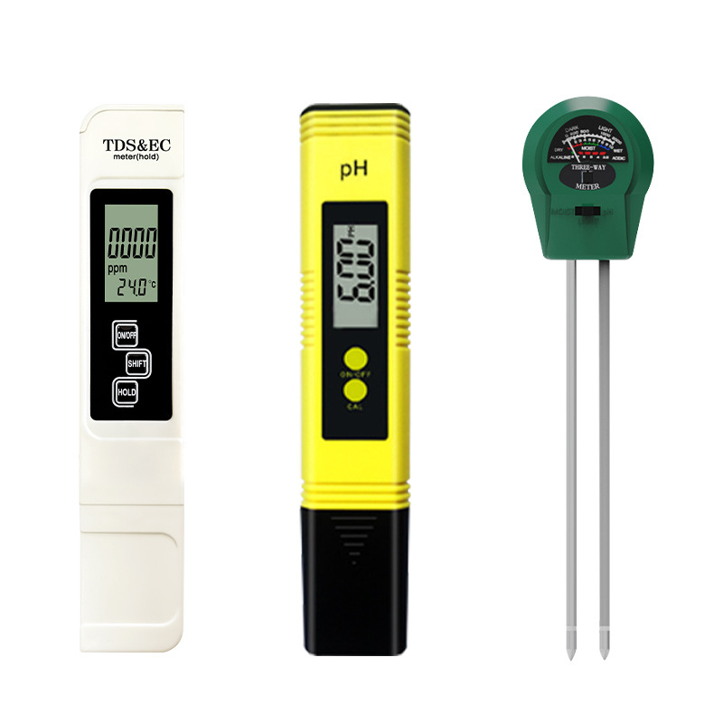 Kompletni tester tla EC/pH/TDS — pH 0-14, EC 0-9990 mS/cm, TDS 0-9990 ppm, točnost ±2-3%, napajanje 3V, razlučivost 0.01 pH / 1 ppm