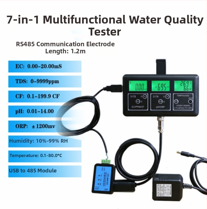7-v-1 detektor kvality vody - viacparametrálny online monitor RS485, pH 0-14, presnosť 0,01, celková tvrdosť, slanitosť