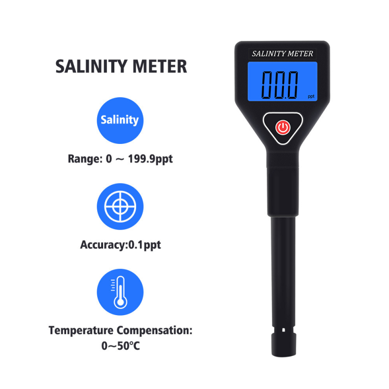 Prijenosni analizator kvalitete vode za salinitet morske vode — raspon mjerenja 0–199.9 ppt, rezolucija 0.1 ppt, točnost ±2% FS, napajanje 4×1.5V, model TPH02144