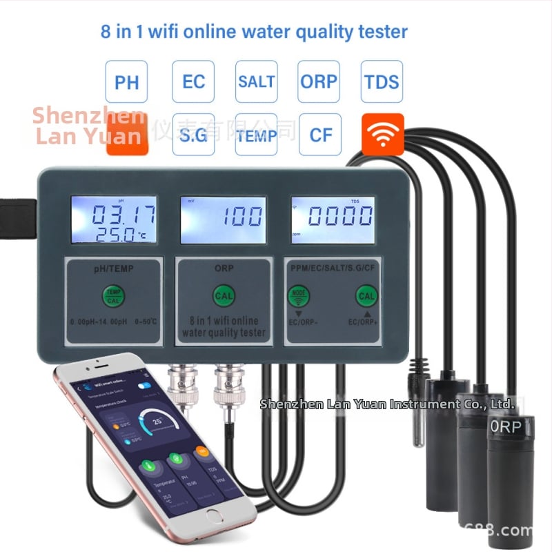 WiFi online analyzátor kvality vody – PH/ORP/EC/slanosť, vzdialené monitorovanie cez APP, rozsah merania 0.00-14.00 pH, presnosť 0.1, rozlíšenie 0.01