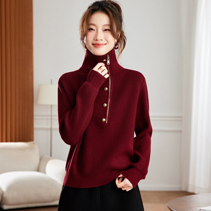 Pleteni top s poluzipom i ovratnikom s reverom, jednobojni uzorak, dugi rukavi, debeli pleteni materijal, jesen-zima 2025