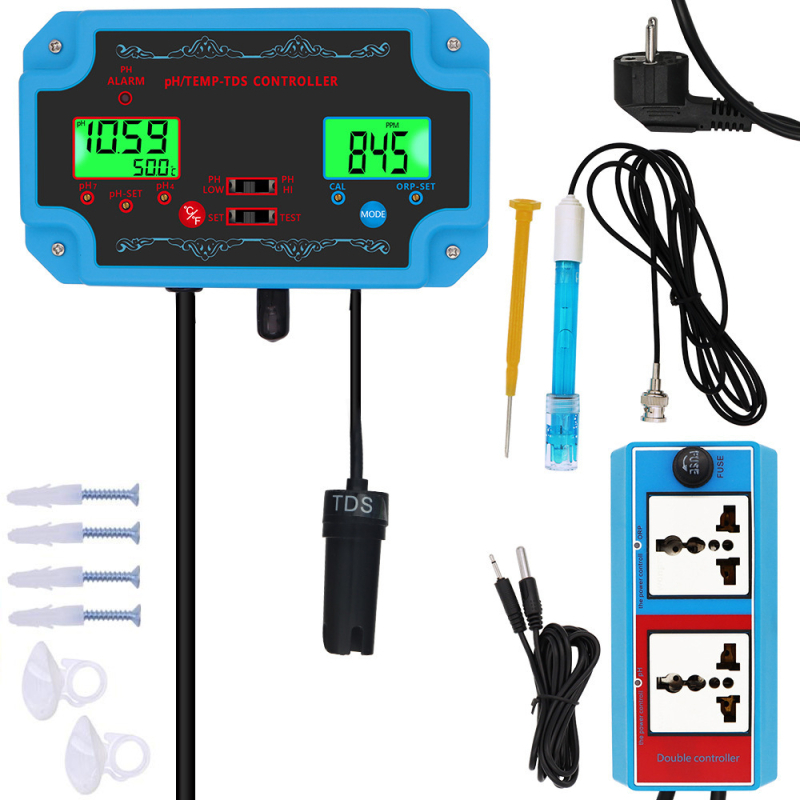 3-u-1 online analizator kvalitete vode za uzgoj riba: pH 0.00–14.00, ±0.1, PH121, salinometar, termometar, 220V