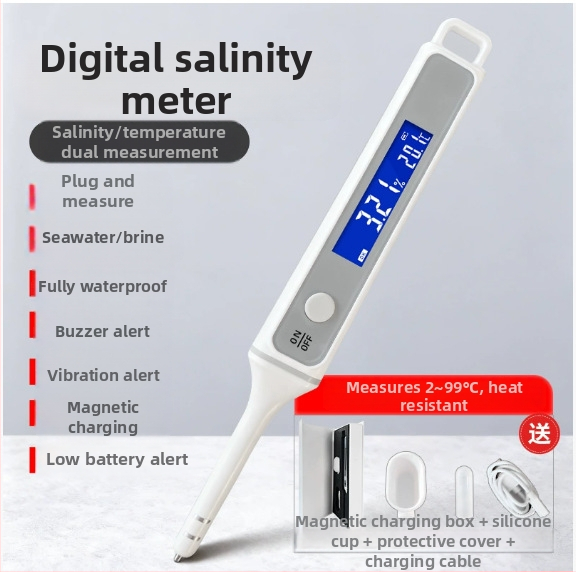 Solinometer pre potraviny a akvakultúru, vysoko presný elektronický merací prístroj na slanosť morskej vody CX4010, rozsah 0–5% a 0–10%, rozlíšenie 0,01%, napájanie cez nabíjanie