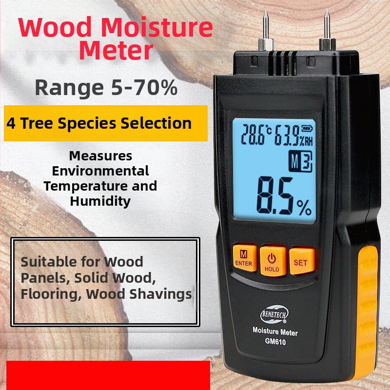 GM610 Vlhkomer na drevo s digitálnym displejom – Presnosť 1%, Rozlíšenie 0,5%, Napájanie 3V, Meria vlhkosť dreva