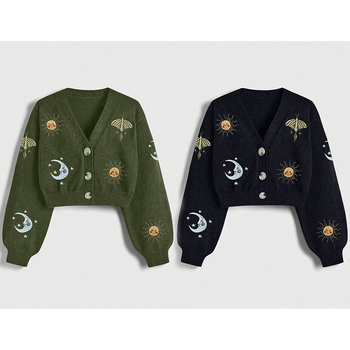 Cardigan s V izrezom, izšiven, kratak kroj, Arctic Velvet materijal, životinjski uzorak, retro stil