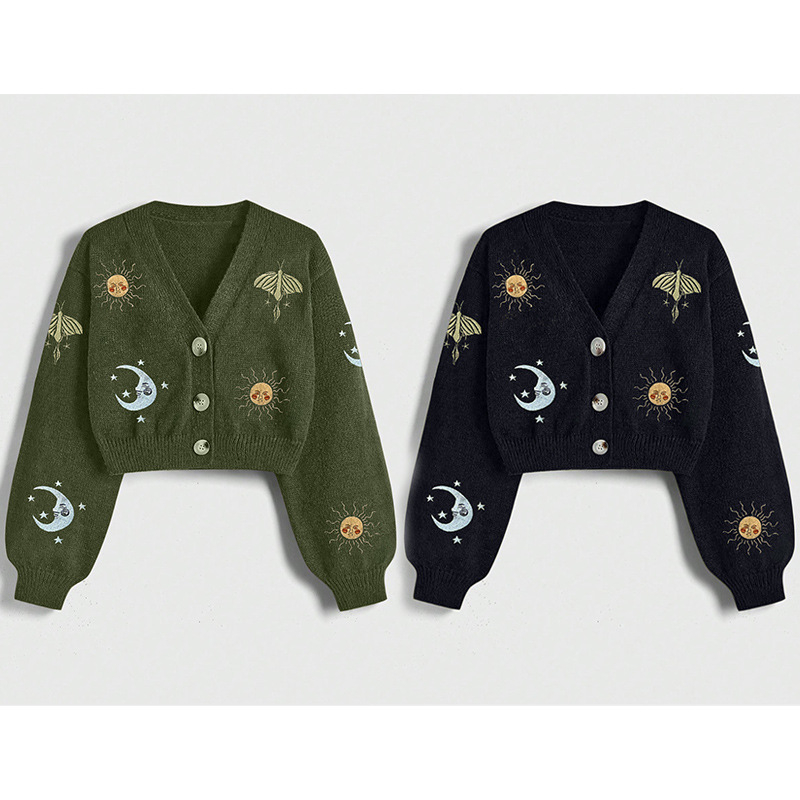Cardigan s V izrezom, izšiven, kratak kroj, Arctic Velvet materijal, životinjski uzorak, retro stil