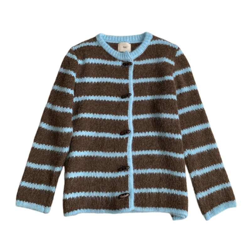 Cardigan džemper s kopčom od roga, prugasto karirani uzorak, Arctic fleece tkanina, široki kroj