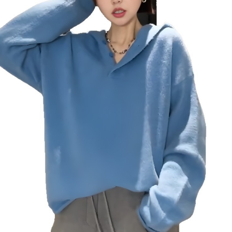 Ženski debeli kapuljačasti džemper, korejski/japanski ležerni stil, širok kroj, mješavina ovčje vune sa spandexom 30–50% i akrilom 50–70%, standardna duljina