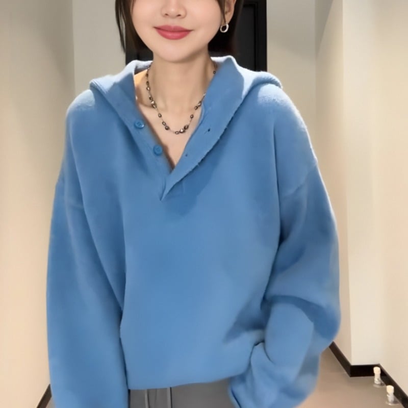 Ženski debeli kapuljačasti džemper, korejski/japanski ležerni stil, širok kroj, mješavina ovčje vune sa spandexom 30–50% i akrilom 50–70%, standardna duljina