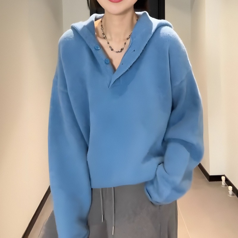 Ženski debeli kapuljačasti džemper, korejski/japanski ležerni stil, širok kroj, mješavina ovčje vune sa spandexom 30–50% i akrilom 50–70%, standardna duljina