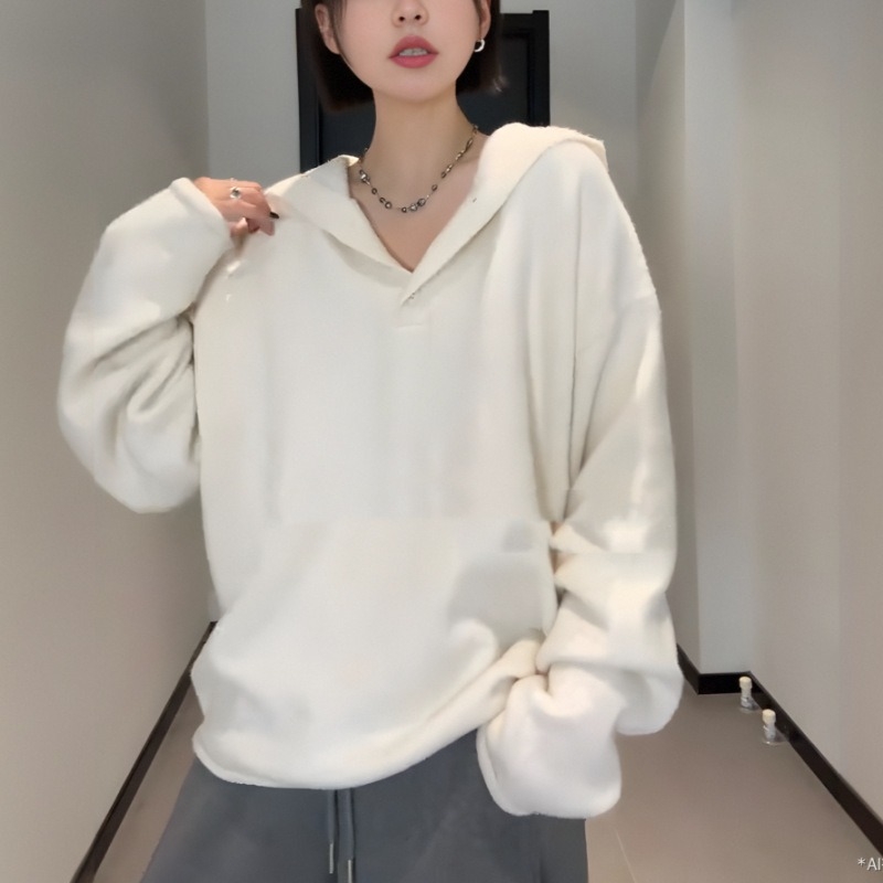 Ženski debeli kapuljačasti džemper, korejski/japanski ležerni stil, širok kroj, mješavina ovčje vune sa spandexom 30–50% i akrilom 50–70%, standardna duljina