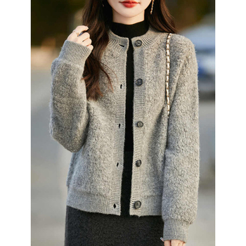 Ženski kardigan od poliesterske pletenine, okrugli izrez, dugi rukavi, elegantan gradski stil