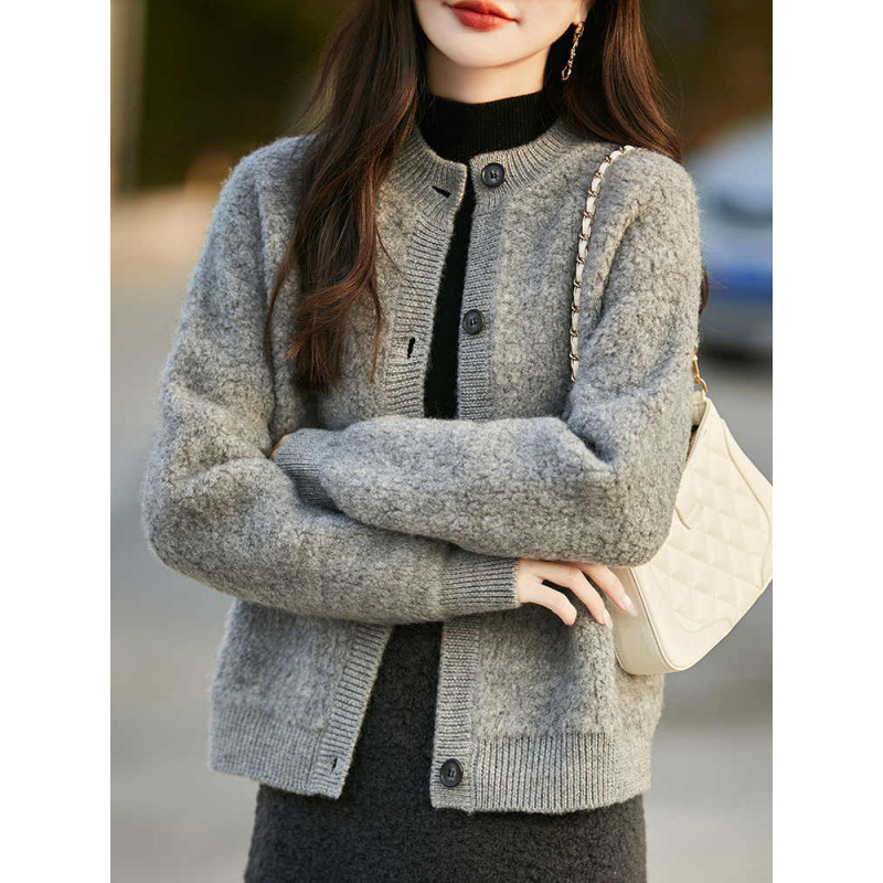 Ženski kardigan od poliesterske pletenine, okrugli izrez, dugi rukavi, elegantan gradski stil