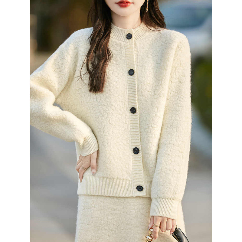 Ženski kardigan od poliesterske pletenine, okrugli izrez, dugi rukavi, elegantan gradski stil