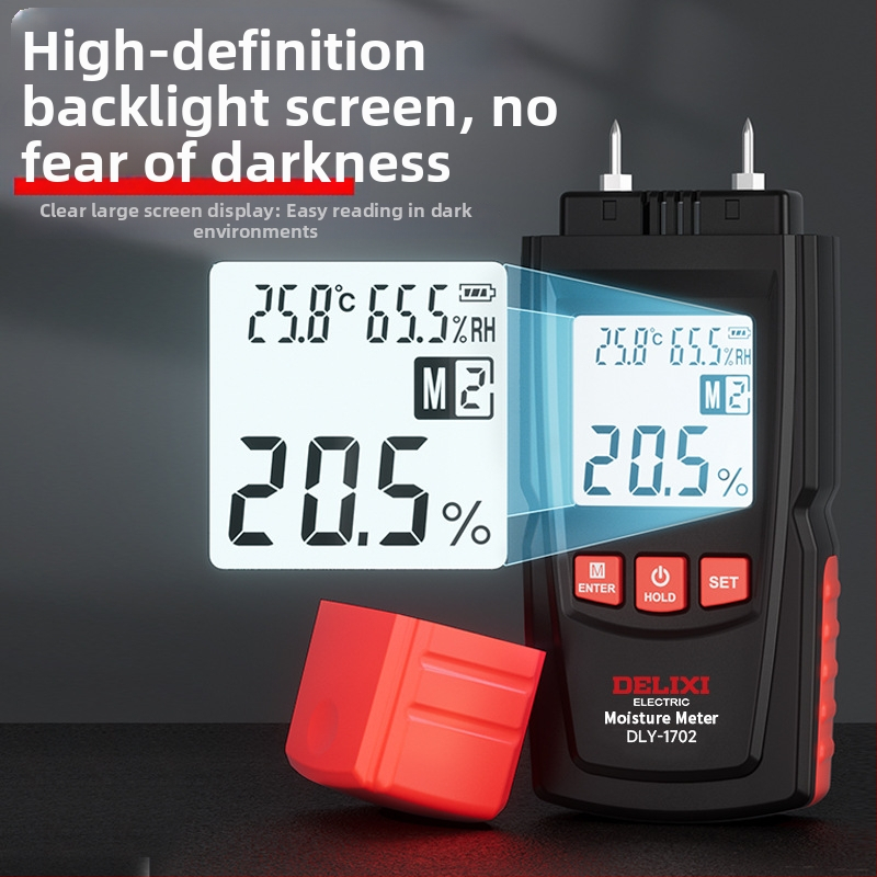 Delixi DLY-1702 Merací prístroj na vlhkosť dreva, rozsah -10°C až 60°C, rozlíšenie 0.1°C, prispôsobiteľné spracovanie