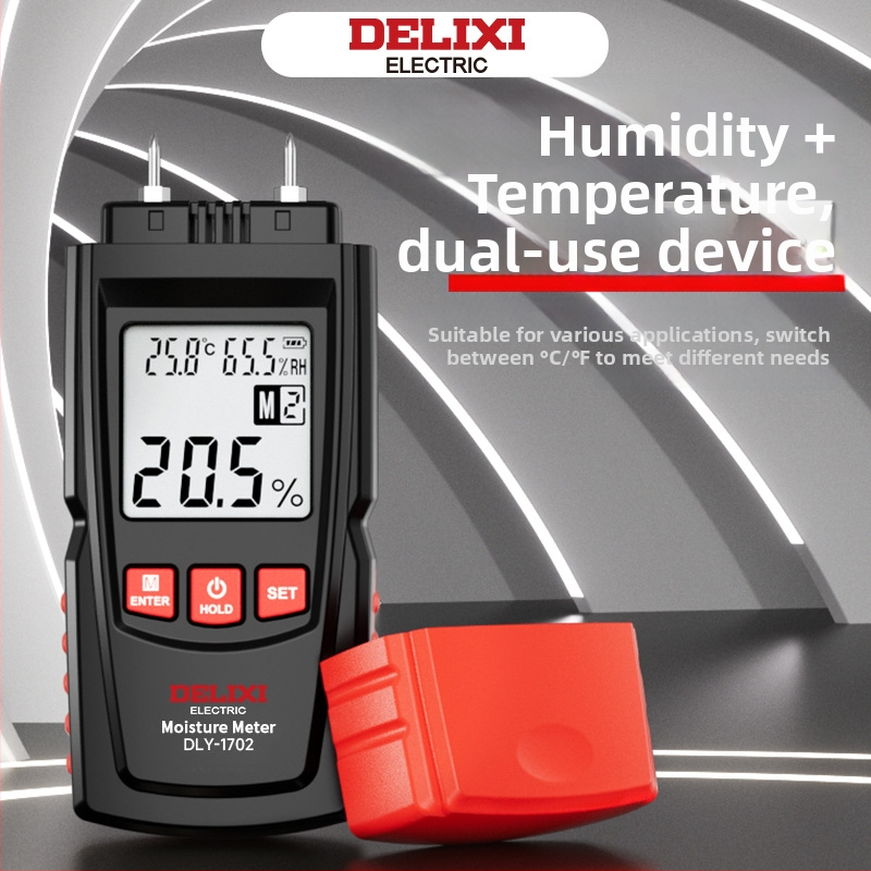 Delixi DLY-1702 Merací prístroj na vlhkosť dreva, rozsah -10°C až 60°C, rozlíšenie 0.1°C, prispôsobiteľné spracovanie