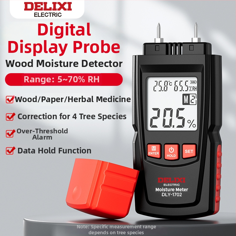 Delixi DLY-1702 Merací prístroj na vlhkosť dreva, rozsah -10°C až 60°C, rozlíšenie 0.1°C, prispôsobiteľné spracovanie