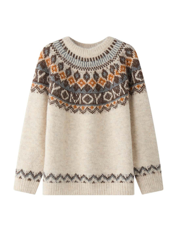 Πουλόβερ από μείγμα μαλλιού με Tweed Fair Isle, στρογγυλή λαιμόκοψη, φαρδιά γραμμή, μοτίο φυτών και λουλουδιών, Χειμώνας 2025, στυλ Ιαπωνο-Κορεατικό χαλάρωσης