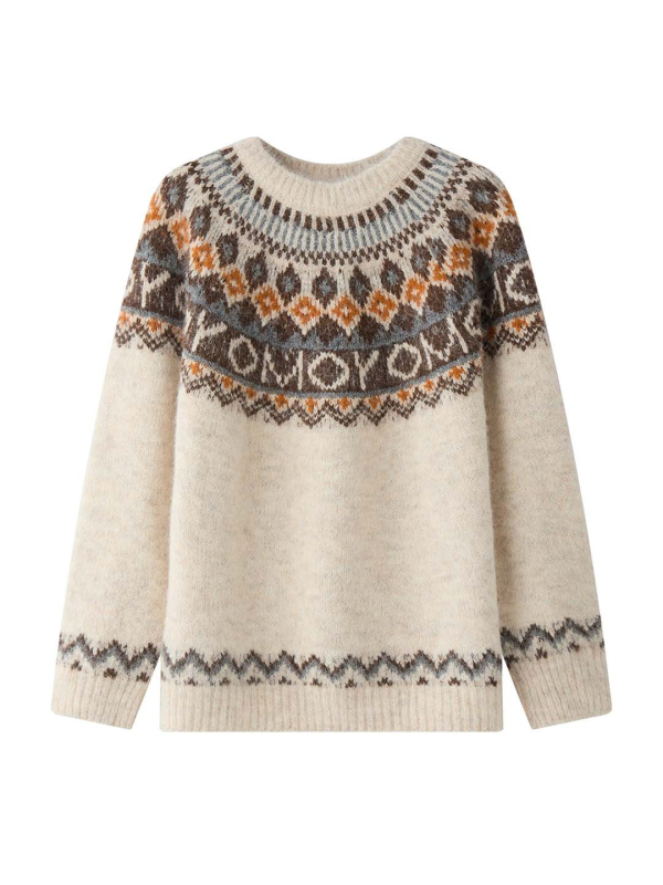 Πουλόβερ από μείγμα μαλλιού με Tweed Fair Isle, στρογγυλή λαιμόκοψη, φαρδιά γραμμή, μοτίο φυτών και λουλουδιών, Χειμώνας 2025, στυλ Ιαπωνο-Κορεατικό χαλάρωσης