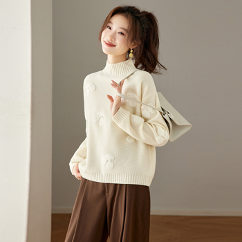 Džemper s polovično visokim ovratnikom, žakard pletena, vuneno-akrilna smjesa, slobodan kroj, dugi rukavi