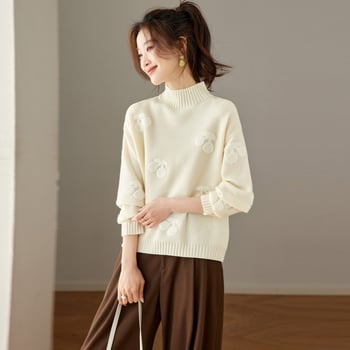 Džemper s polovično visokim ovratnikom, žakard pletena, vuneno-akrilna smjesa, slobodan kroj, dugi rukavi