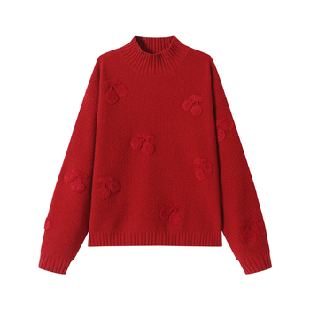 Džemper s polovično visokim ovratnikom, žakard pletena, vuneno-akrilna smjesa, slobodan kroj, dugi rukavi