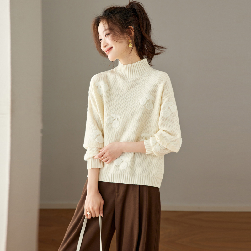 Džemper s polovično visokim ovratnikom, žakard pletena, vuneno-akrilna smjesa, slobodan kroj, dugi rukavi