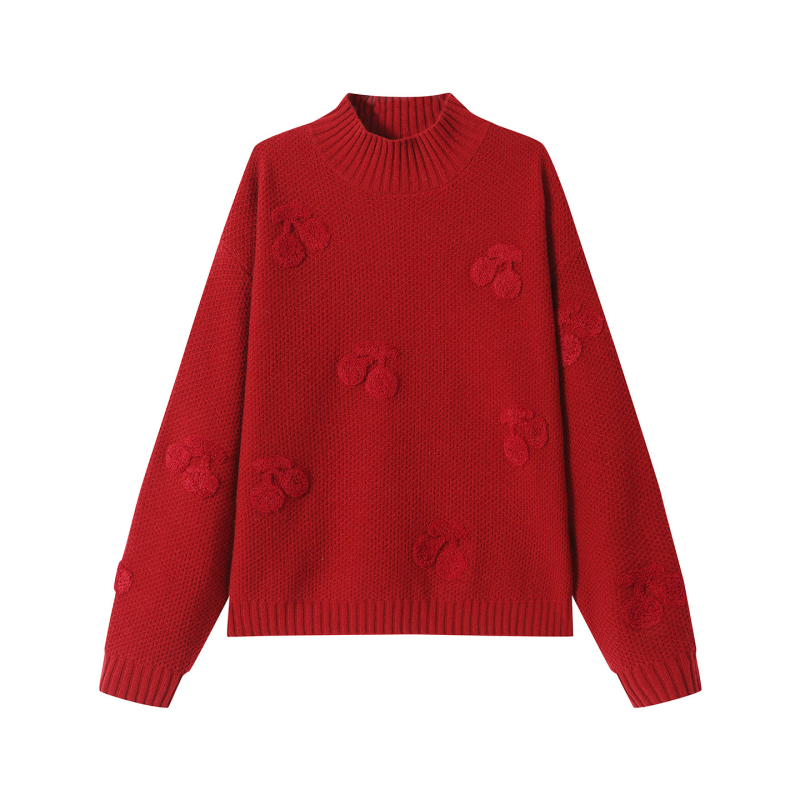 Džemper s polovično visokim ovratnikom, žakard pletena, vuneno-akrilna smjesa, slobodan kroj, dugi rukavi