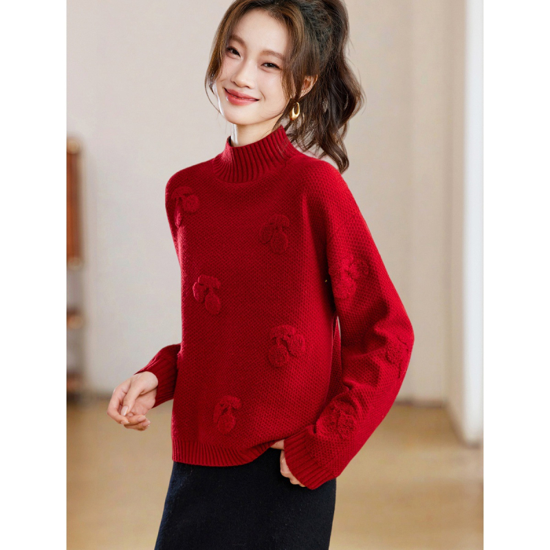 Džemper s polovično visokim ovratnikom, žakard pletena, vuneno-akrilna smjesa, slobodan kroj, dugi rukavi