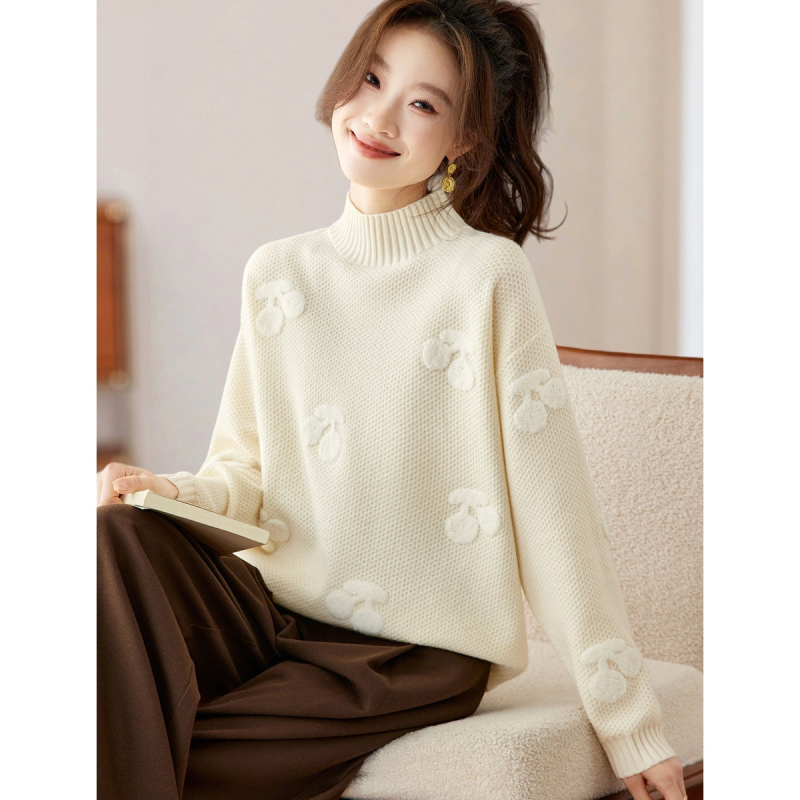 Džemper s polovično visokim ovratnikom, žakard pletena, vuneno-akrilna smjesa, slobodan kroj, dugi rukavi