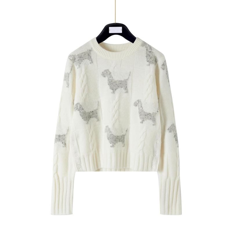 Pulover de damă din lână cu model cu cățeluș în intarsie și tricot cablă, guler rotund, mâneci lungi, lungime scurtă