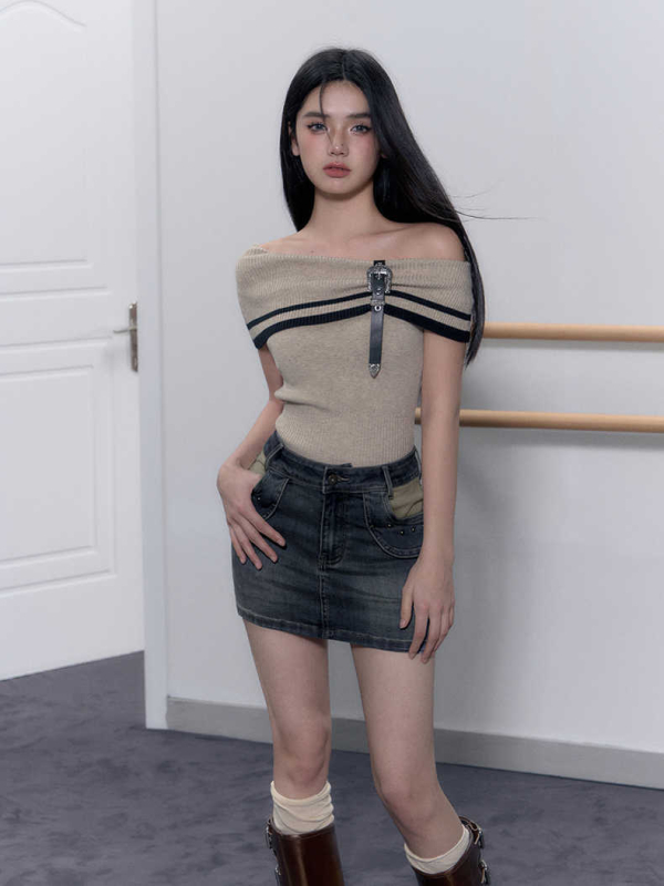 Ženski pleteni top s otvorenim ramenima, bez rukava, kratka duljina, poliester