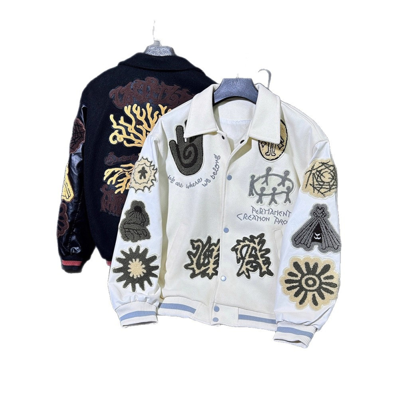 Baseball jakna, slobodan kroj, pamukasta tkanina, podstava od 100% pamuka, rever ovratnik, patchwork vezenje, urbani stil, jesen 2025