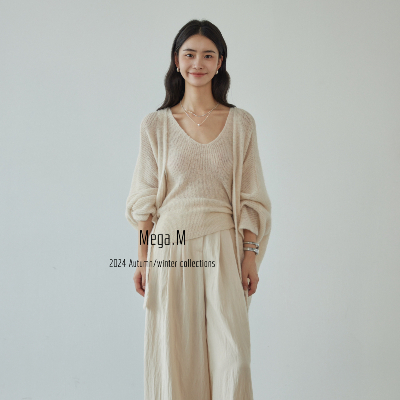 Mega.M ženski kardigan od najlona s vunom i poliestrom, V-izrez, dugi rukavi, slobodan kroj, jesen 2025