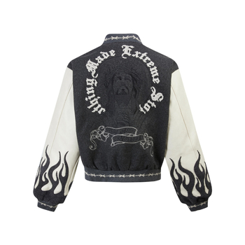 Jachetă bărbați streetwear cu broderie și design color-block, croială lejeră, guler înalt, jacquard, buzunare cu fermoar