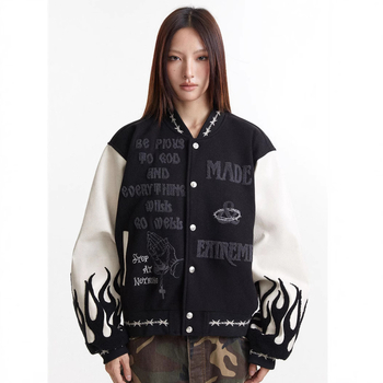 Jachetă bărbați streetwear cu broderie și design color-block, croială lejeră, guler înalt, jacquard, buzunare cu fermoar