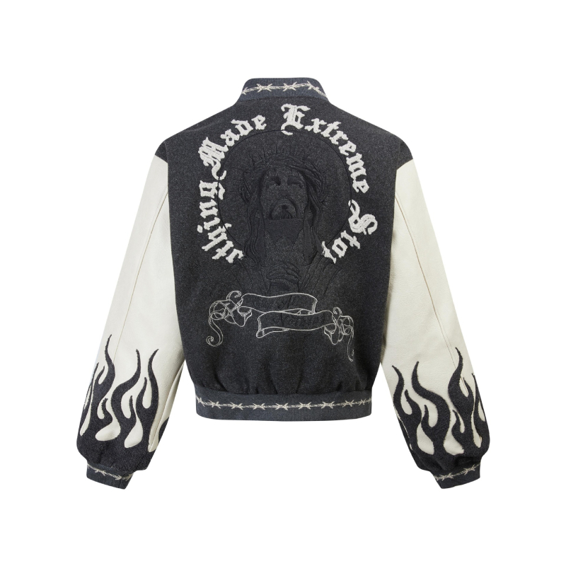 Jachetă bărbați streetwear cu broderie și design color-block, croială lejeră, guler înalt, jacquard, buzunare cu fermoar