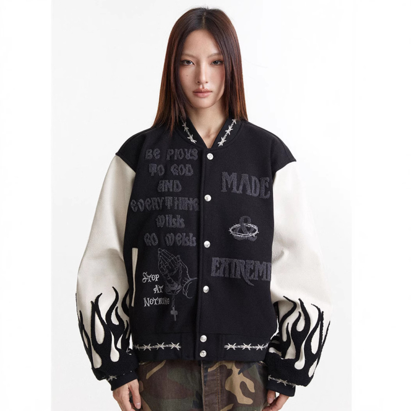 Jachetă bărbați streetwear cu broderie și design color-block, croială lejeră, guler înalt, jacquard, buzunare cu fermoar