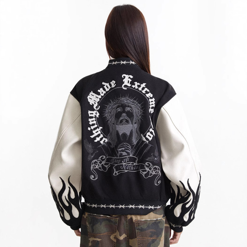 Jachetă bărbați streetwear cu broderie și design color-block, croială lejeră, guler înalt, jacquard, buzunare cu fermoar