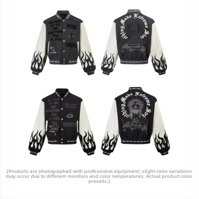 Jachetă bărbați streetwear cu broderie și design color-block, croială lejeră, guler înalt, jacquard, buzunare cu fermoar