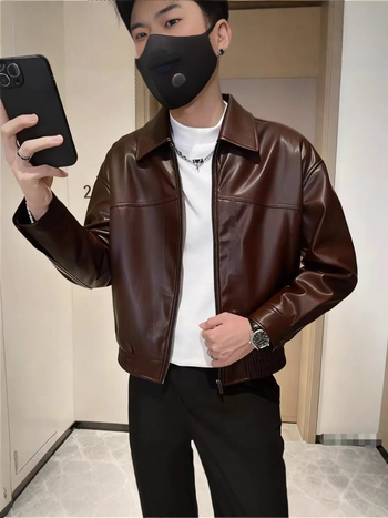 Muška PU kožna jakna, streetwear stil, ovratnik s reverom, zatvarač, širok kroj