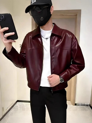 Muška PU kožna jakna, streetwear stil, ovratnik s reverom, zatvarač, širok kroj