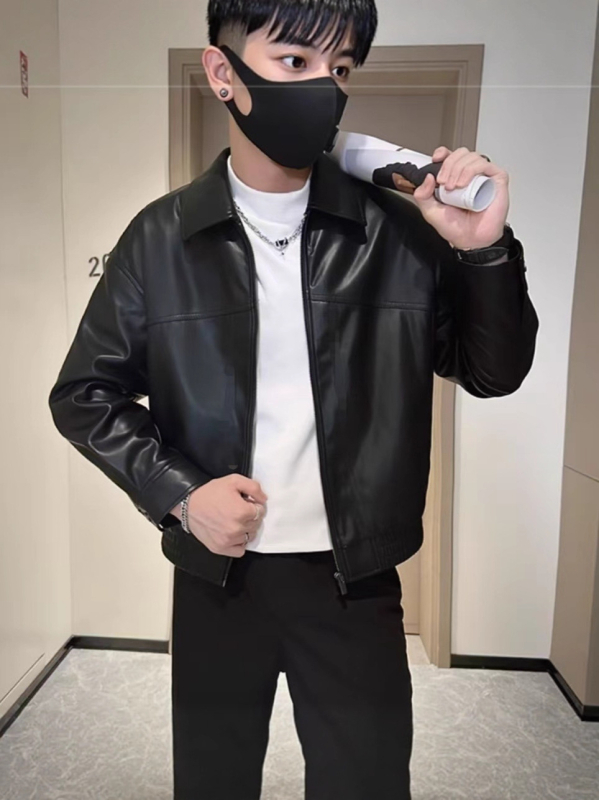 Muška PU kožna jakna, streetwear stil, ovratnik s reverom, zatvarač, širok kroj