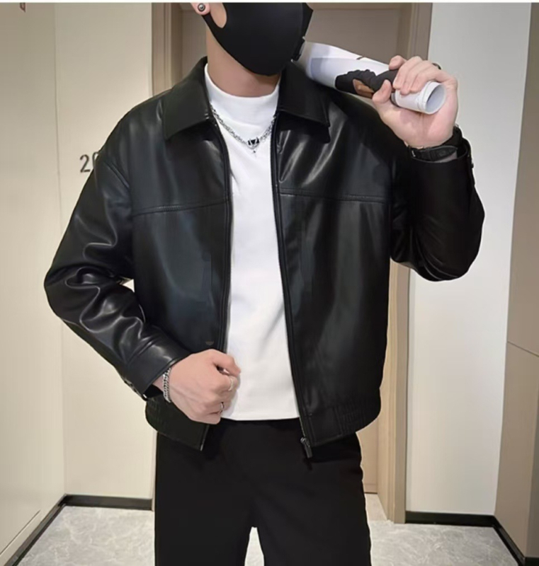 Muška PU kožna jakna, streetwear stil, ovratnik s reverom, zatvarač, širok kroj