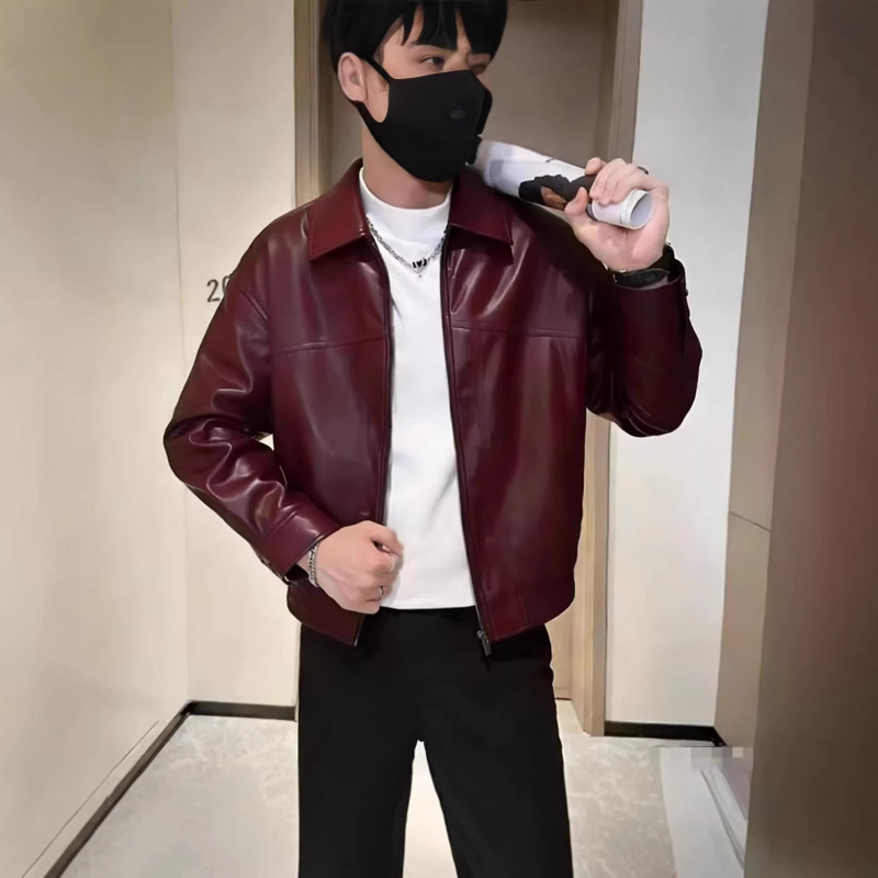 Muška PU kožna jakna, streetwear stil, ovratnik s reverom, zatvarač, širok kroj